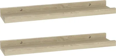 Two identical wooden shelves are shown against a white background.