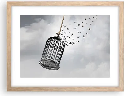 Produktbild von Gerahmtes Poster - Rahmen in heller Eiche - Freiheit Käfig Vögel - 40x30 cm - Wand Bild - Wanddeko - Wandbilder - Kunstposter - Wandposter - Bilderrahmen - Bilder - Kunstdruck - P2NAA40x30-4997