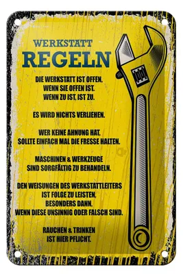Produktbild von Blechschild Spruch lustig Werkstatt Regeln 12x18cm Geschenk Schild