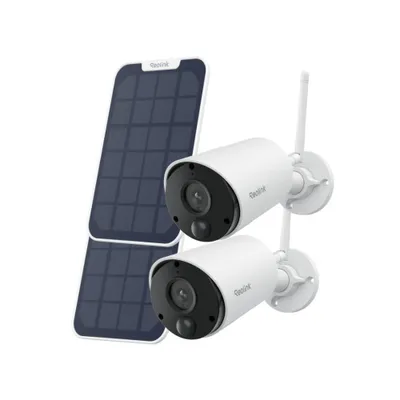 Two white security cameras and a solar panel are shown against a white background.