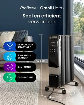 Image de Radiateur électrique Olieradiator - 2500 W - 11 ailettes - Argent - Pour chauffage des pièces à vivre