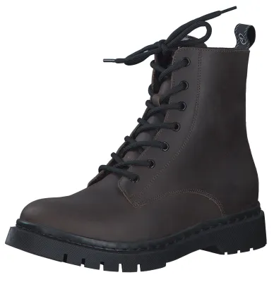 A single brown leather boot with black laces and a black sole, isolated on a white background.