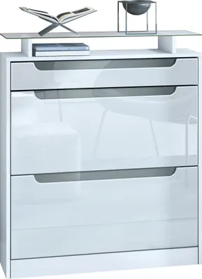 Produktbild von Vladon Schuhschrank Fiesta, Weiß matt/Weiß Hochglanz/Grau Hochglanz Schuhkipper für 16 Paar Schuhe mit 2 Klappen (89 x 104 x 23 cm)