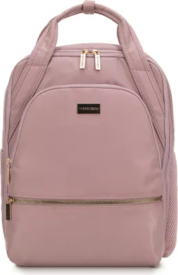 A pink backpack is shown from the front against a white background.