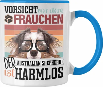 Produktbild von Trendation - Australian Shepherd Besitzerin Frauchen Tasse Geschenk Lustiger Spruch Geschenkidee Vorsicht Vor Dem Frauchen (Blau)