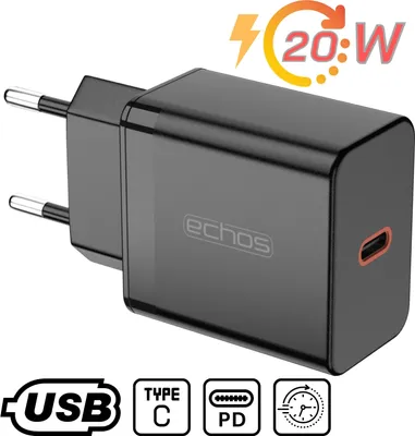 Produktbild von Echos 20W USB-C Schnellladegerät | PD und PPS | Sehr breite Kompatibilität | Kompatibel mit Apple iPhone 12/13/14, Samsung Galaxy S20/21/22, Xiaomi 10/11/12, Huawei Mate 20/30 Pro, P40,P30,P20, Redmi, OnePlus, Oppo, uvm | 5V 3A Ausgangsleistung | schwarz