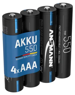 Four AAA rechargeable batteries are shown in a product shot.