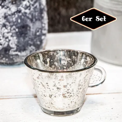 Produktbild von Teelichtset, 6er, Tassenform, Chabby Chic | Glas, Silber | H 7,2 x B 10,0 cm