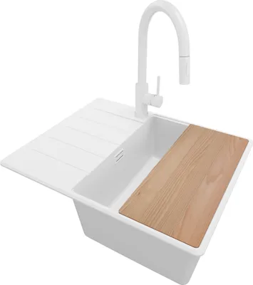 Produktbild von PRIMAGRAN Granitspüle Alles Weiß 62x50cm, Spülbecken 1 Becken + Ablauf-Set + Küchenzubehörset, Küchenspüle ab 45er Unterschrank - Kopenhagen