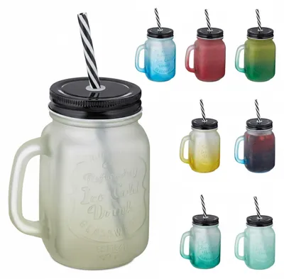 Produktbild von Relaxdays Trinkgläser mit Deckel und Strohhalm, 8er Set, 400 ml, Frosted-Optik, Sommergläser mit Henkel, bunt/schwarz