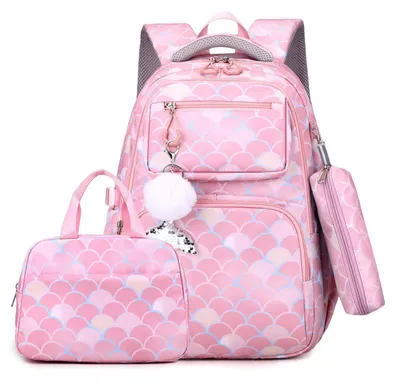 Immagine prodotto di Set zaino per la scuola, per bambine, composto da 3 pezzi, color rosa tenue, leggero, con borsa termica