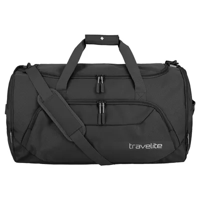 A black duffel bag is shown against a white background.