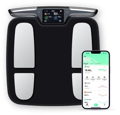 Produktbild von Personenwaage Smarte Körperfettwaage mit Hand- und Fußelektroden segmentale Körperanalyse mit bis zu 46 Körperwerten, 3,5-Zoll-TFT-Farbdisplay, Blueto