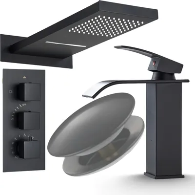Immagine prodotto di Rubinetto lavabo bagno Ari Waterfall nero opaco, miscelatore da appoggio in ottone con canna a cascata, cartuccia Vetroceramica e foro 35 mm