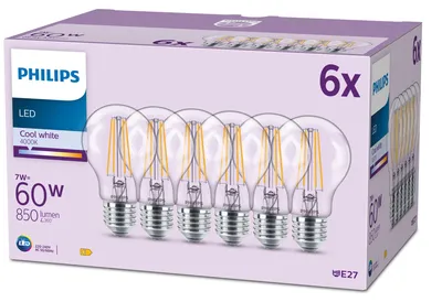 Obrázek produktu pro Philips Čirá žárovka s tradičním vzhledem 60 W, A60 6× E27, 7 W, 60 W, E27, 850 lm, 15000 h, Chladná bílá