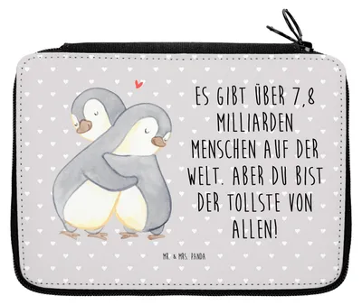 Produktbild von Mr. & Mrs. Panda Federmappe Pinguine Kuscheln - Grau Pastell - Geschenk, Mitbringsel, für Partner, Schlampermäppchen, Valentinstag, Bleistiftetui, Hochzeitstag, Mäppchen