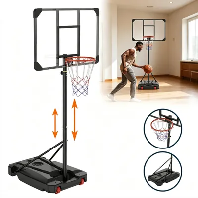 Obrázok produktu pre Prenosný basketbalový kôš ACXIN s nastaviteľnou výškou stĺpa od 1,5 do 2,6 metra – vhodný na použitie v interiéri aj exteriéri, kompletný so zberným lôptou, pumpou a dvoma náhradnými sieťkami