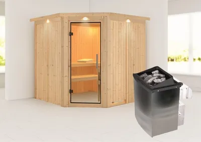 Produktbild von Karibu Sauna Innensauna Jarin Eckeinstieg Ofen 9 kW integr. Strg 210x210x202 cm mit Dachkranz mit Klarglastür