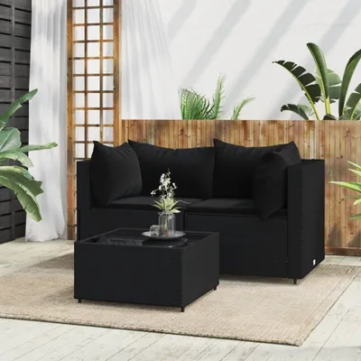 Produktbild von vidaXL 3-tlg. Garten-Lounge-Set mit Kissen Schwarz Poly Rattan