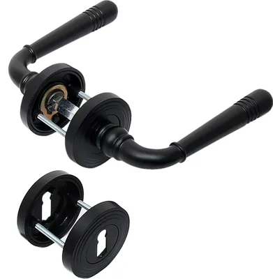 A set of black door handles and their mounting plates, shown disassembled.