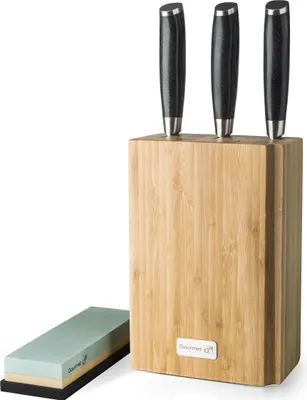 Zdjęcie produktu dla Zestaw 3 noży G21 Gourmet Damascus w bambusowym bloku + kamień szlifierski