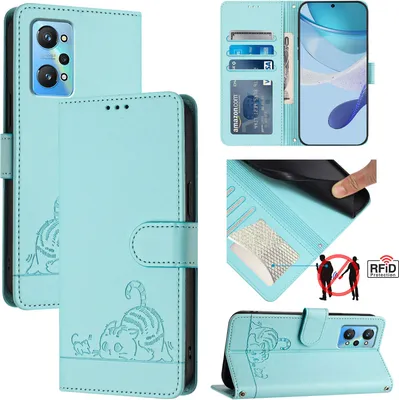 Produktbild von Leder Hülle für Realme GT Neo 3T Süße Katze Flip Case Brieftasche Schutzhülle mit Standfunktion hellgrün