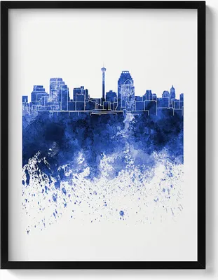 Produktbild von Panorama von San Antonio Aquarell– Wandbild mit Rahmen – Gerahmtes Bild  – Wanddekoration – 60x80 cm –  Schwarz Rahmen