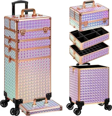 Produktbild von Kosmetikkoffer Trolley, 5-in-1 Groß Kosmetik Trolley Schminkkoffer mit Rollen Friseurkoffer Alu Beauty Case Nagelkoffer Multikoffer
