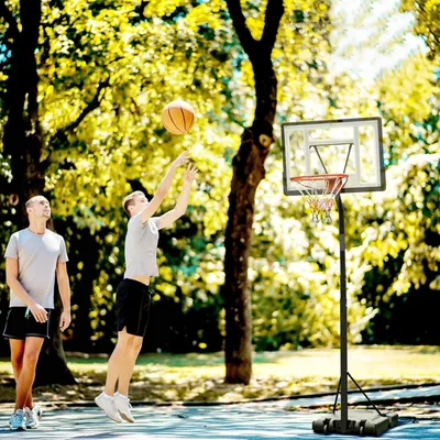 Produktbild von Basketballkorb mit Ständer, höhenverstellbar 255–305 cm, Basketballanlage mit Rollen, Stahl, Schwarz | 90 x 165 x 352 cm | Sockel bis 85 kg Sand
