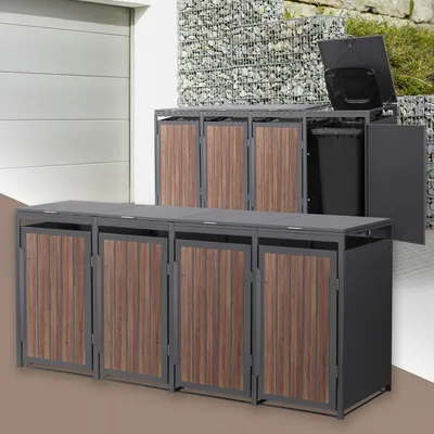 Zdjęcie produktu dla ML-Design 4-pojemnikowy pojemnik na śmieci, pokrywa na 1 pojemnik 240L 260x80x120 cm antracytowa stal drewnopodobna, pojemnik na śmieci z pokrywą na zawiasach i drzwiczkami