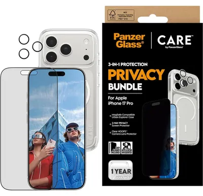 Zdjęcie produktu dla PanzerGlass ® | CARE by ® 3-in-1 Flagship Privacy Bundle iPhone 17 Pro, Apple, Apple - iPhone 17 Pro, Aplikacja na sucho, Odporny na zadrapania, Odporny na wstrząsy, Przezroczysty, 1 szt.