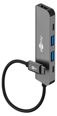Imagen del producto de Goobay 78967, Hub USB estándar y delgado de 5 puertos con HDMI™, 5 Gbit/s, color gris, 0.1 m - Conector USB-C™ (USB 3.2) > 1x HDMI™, 2x USB-C™ (1x PD 100 W, 1x USB 2.0), 2x USB-A (USB 3.0, USB 2.0)
