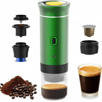 Produktbild von Tragbare Kaffeemaschine, 3-in-1 Elektrische Kaffeemaschine, Funktioniert mit Kapseln und gemahlenem Kaffee, zum Kaltbruehen und Aufwaermen (Grün)