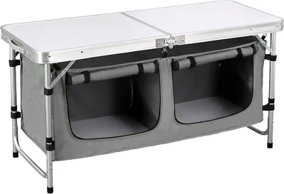 Produktbild von WOLTU Campingtisch Campingschrank faltbar Alu Höhenverstellbar mit Stauraum inkl Klapptisch für Picknick Strand im Freien, Weiß+Grau