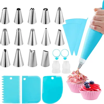 Produktbild von Spritzbeutel- und Tüllen-Set, Kuchendekorations-Set mit 14 Edelstahl-Backformen, 2 wiederverwendbaren Silikon-Spritzbeuteln, 3 Zuckerguss-Glättern, 2 Kupplungen, 2 Bändern und 2 Cupcakes zum Backen und Dekorieren von Kuchen