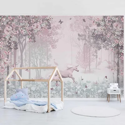 Produktbild von Fototapete Wald - Vliestapete - Bildtapete UV-beständig Einhorn rosa Illustration Wandtapete geruchsfrei