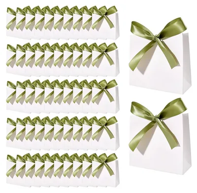 Immagine prodotto di Sacchetti regalo in carta bianca - confezione da 50 pezzi, con fiocco verde, dimensioni 11,5 x 10 x 4,5 cm