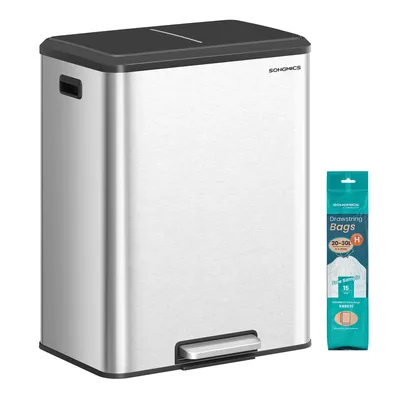 Produktbild von Mülleimer Küche, Mülltrennsystem 2 x 30 L, 2 Fächer, Abfalleimer, Inneneimer, Edelstahl, Softclose-Deckel, metallicsilber