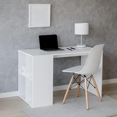 Produktbild von Schreibtisch in Weiß mit seitlichen Ablagefächern kompakter Bürotisch für Homeoffice und Büro