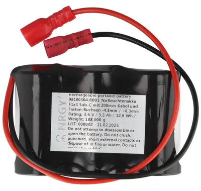 Obrázek produktu pro Baterie pro nouzové osvětlení NiMH 3,6 V 3500 mAh F1x3 Sub-C s 200mm kabelem a zásuvkami Faston -4,8 mm / +6,3 mm