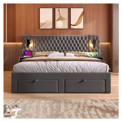 Produktbild von Komplettset Bettanlage Schlafzimmer, Polsterbett Doppelbett 160×200 cm mit 2 Nachttischen und 4 Schubladen, Grau, Samt (ohne Matratze)