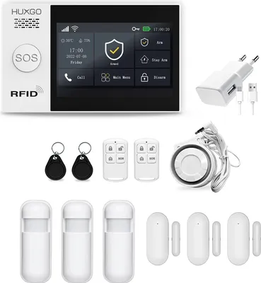 Produktbild von HUXGO HXA007 WLAN + GSM Funk Alarmanlage mit 3 Bewegungssensor Alarm für Büro Haus Wohnung Garage Steuerung über das Handy TUYA Smart Anwendung SMS-Benachrichtigungen Sprache DEUTSCH