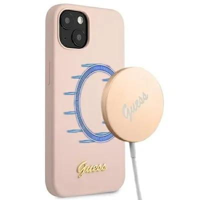 Image de Guess Guhmp13Mlslmglp Iphone 13 / 14 /15 6.1 Jasnoróżowy/Light Pink Hardcase Silicone Script Gold Logo Magsafe