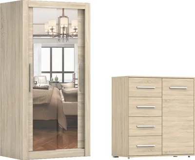 Produktbild von 2er-Set Schwebetürenschrank Schrank Kleiderschrank MILAN 100cm mit Spiegel und FRIDA 01 MINI 1D4S, Breite: 135 cm, Farbe: SONOMA/SONOMA