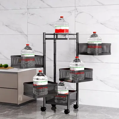 Obrázek produktu pro Otočný kuchyňský regál – vozík s košíky – 5 polic – otočný o 360° – kolečka s aretací – uhlíková ocel – na ovoce a zeleninu – černý