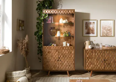 Produktbild von MASSIVMOEBEL24 Vitrine Akazie 90x42x190 Akazie natur lackiert MOSAYK  #114
