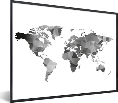 Produktbild von MuchoWow® Gerahmtes Poster Weltkarte - Dreieck - Grau 80x60 cm - Poster mit Schwarzem Bilderrahmen Wandposter Rahmen Foto Bilder - Schwarzem - Mit Gestell