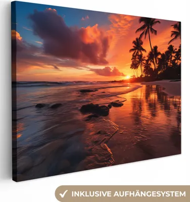 Produktbild von MuchoWow® - Leinwandbilder - Sonnenuntergang - Palmen - Strand - Meer - Horizont, Wandbild, Wanddeko Bilder Wohnzimmer, 80x60 cm