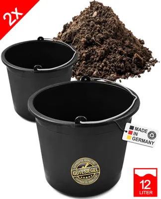 Produktbild von 2x Baueimer 12l - Mörteleimer mit Henkel - Eimer für Baustelle & Garten - Stabiler Wasserkübel, Betoneimer mit Skala, Recycelter Kunststoff