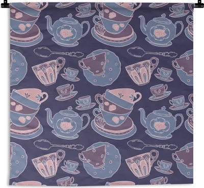 Produktbild von MuchoWow® Wandteppich Wandbehang Muster - Tee - Tasse - Teekanne 150x150 cm Tapisserie Dekoration Wandtuch - Wohnaccessoires - Modernes